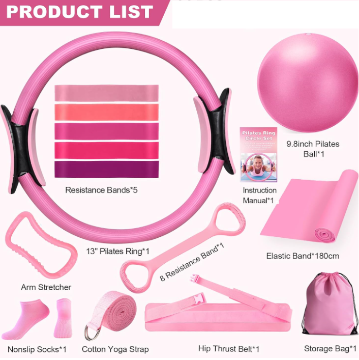 Glowfitbe 13-piece yoga and Pilates set including mats, blocks, straps, and resistance bands for versatile workout sessions.