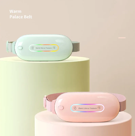 Glowfitbe heating belt for menstrual cramps relief, shown wrapped around a woman's lower abdomen for soothing comfort.