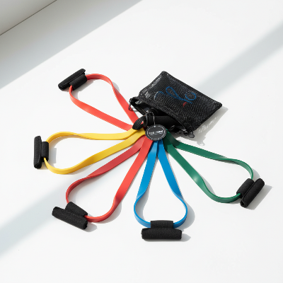 Glowfit resistance bands for fitness exercises, featuring colorful elastic bands for strength training and workout routines.